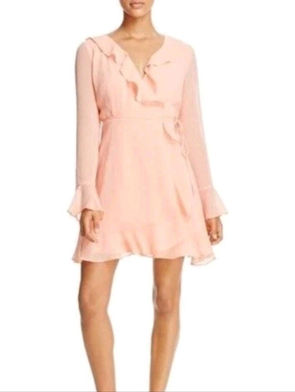 WAYF Anthropologie Gabby Long Sleeve Wrap Mini Dress Blush Coral XSmall NEW